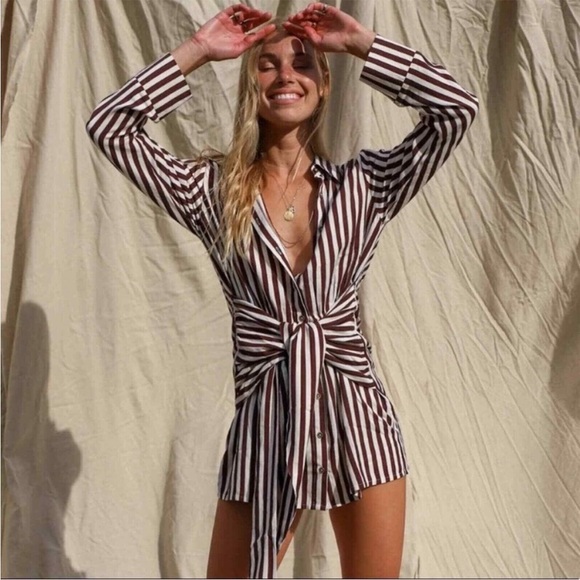 Like New Jen’s Pirate Booty Amata Brown White Striped Shirt Dress Tie Waist - Picture 1 of 14